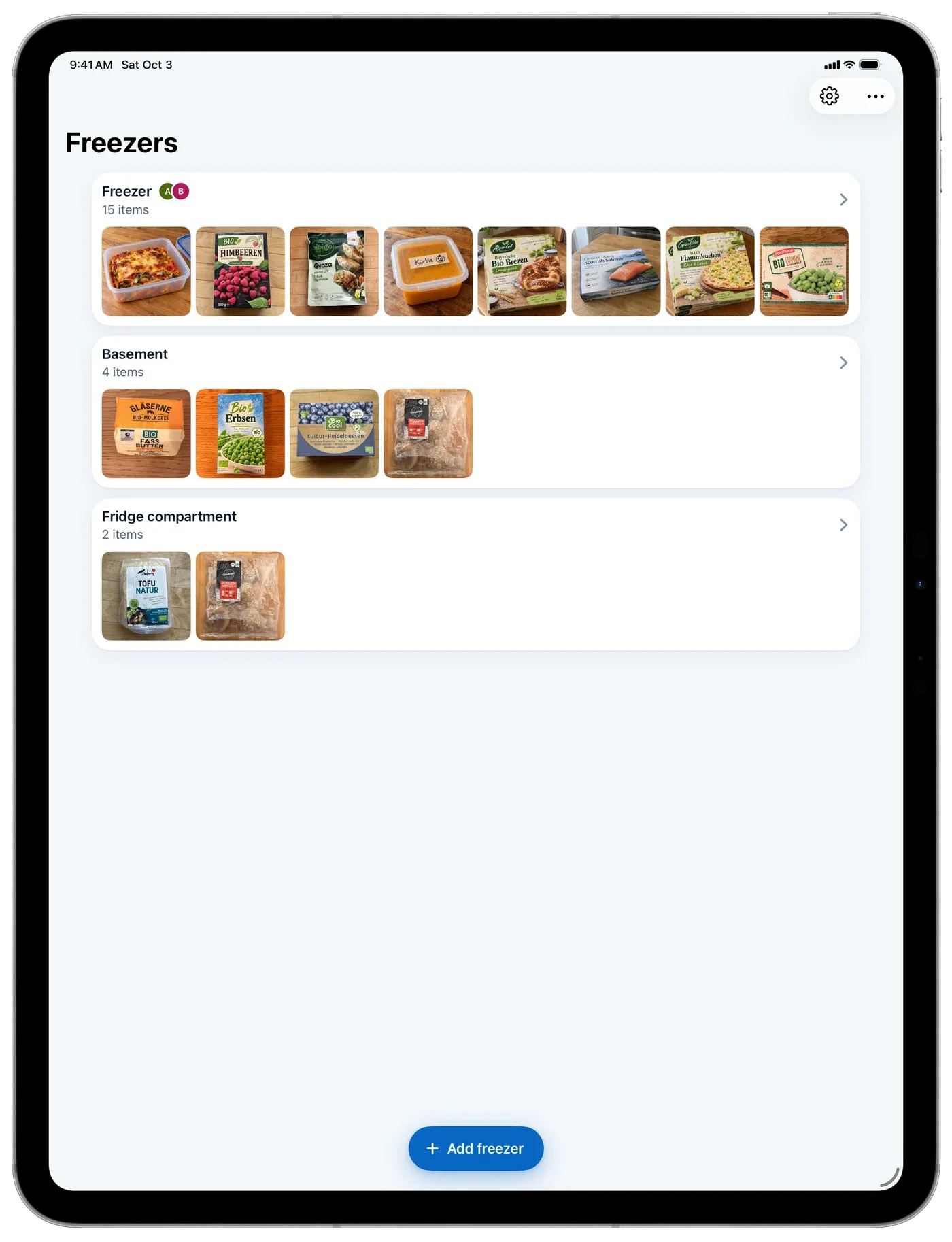 Freeza on iPad: three freezers with a row of photos each