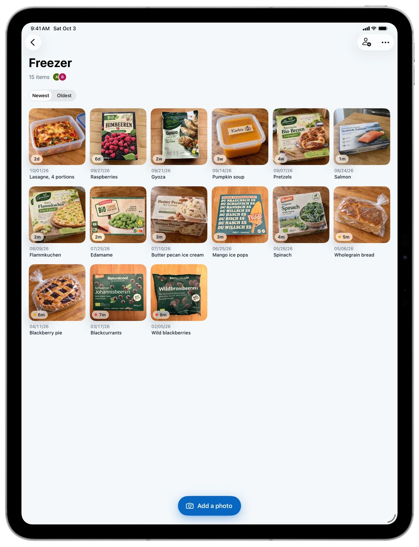 Freeza on iPad: a freezer as a grid of photos
