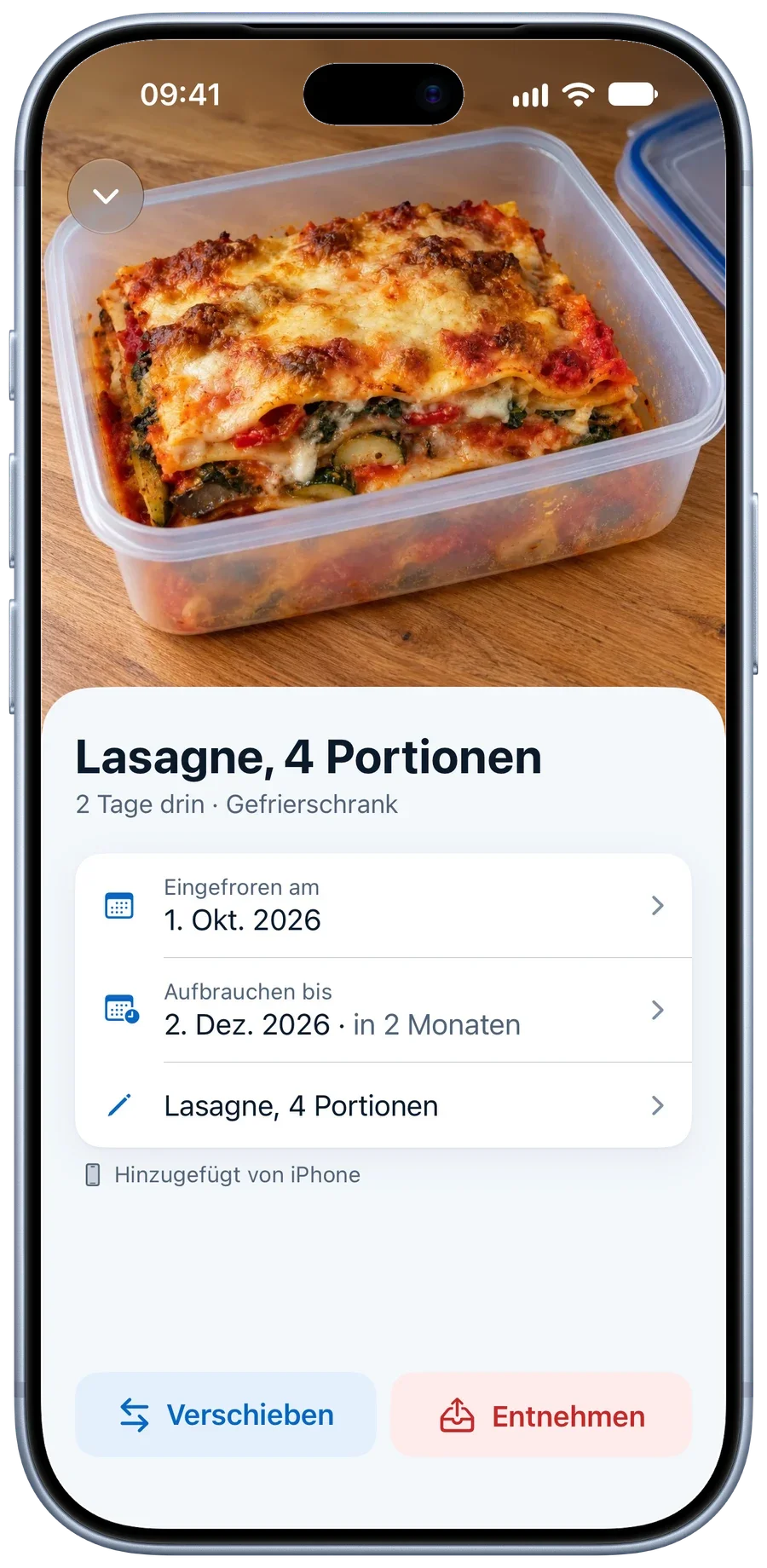 Eine Lasagne im Detail mit Foto, Einfrierdatum und Aufbrauchdatum