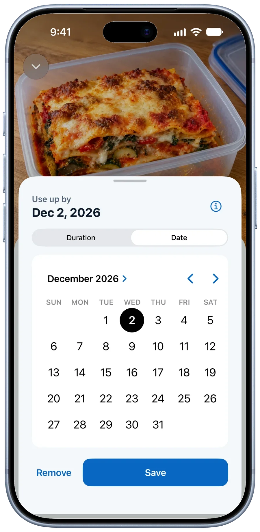 The date to use up the lasagne by, in a calendar