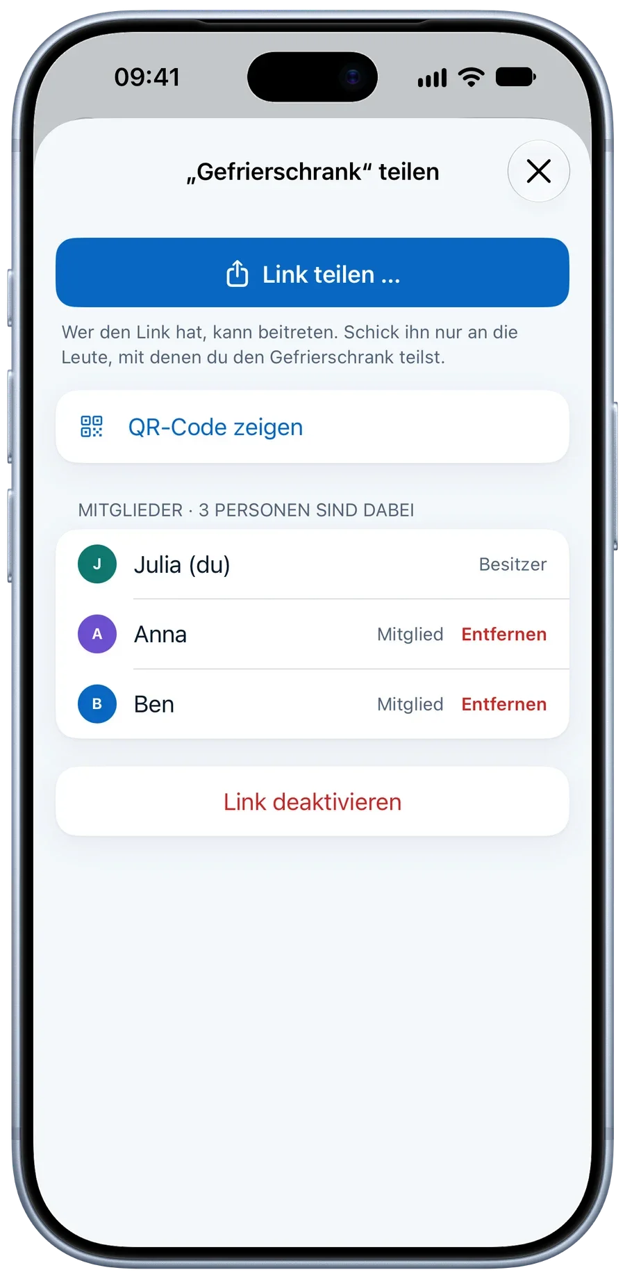 Einen Gefrierschrank teilen: Link, QR-Code und drei Mitglieder