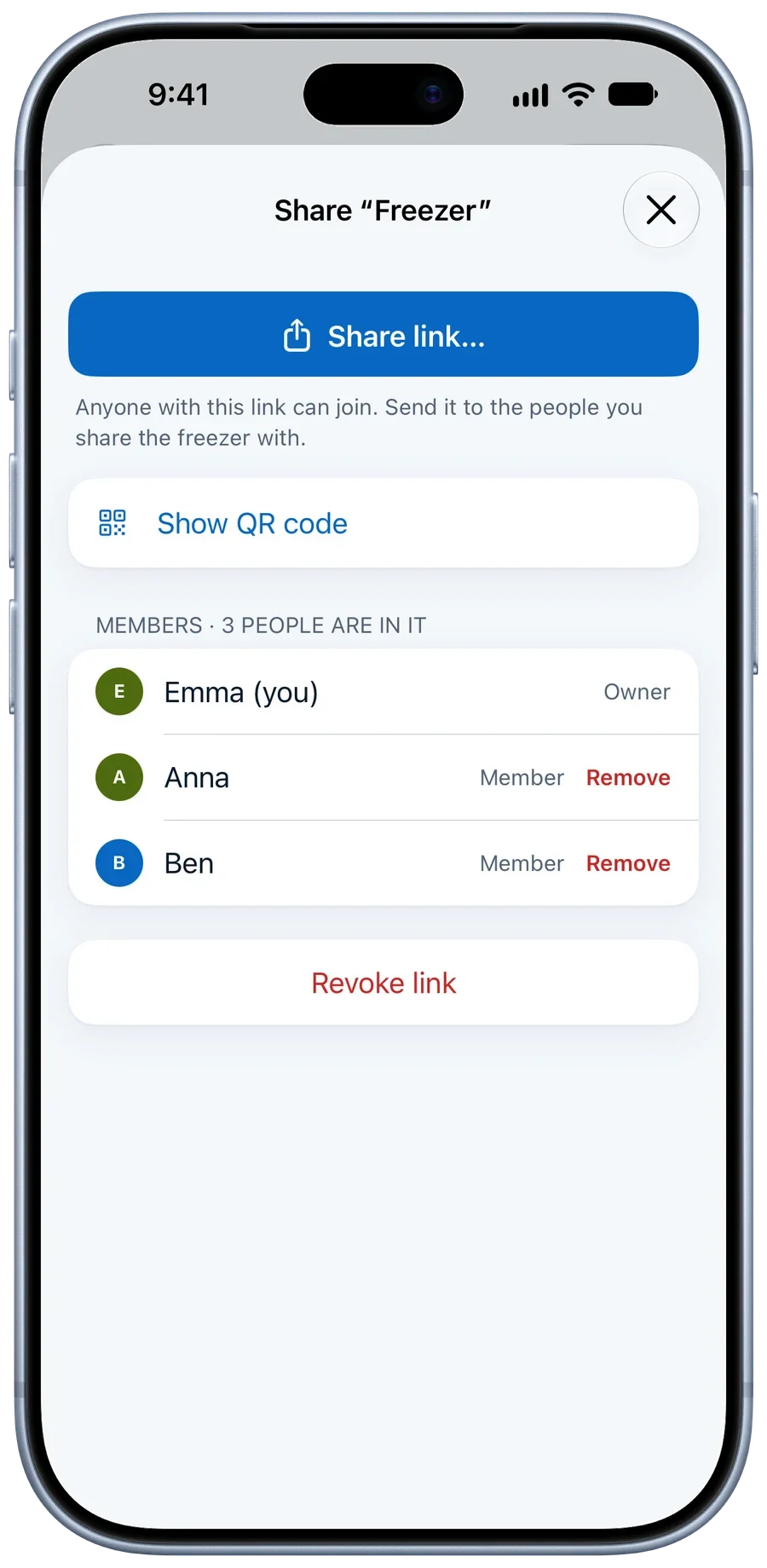 Sharing a freezer: link, QR code and three members